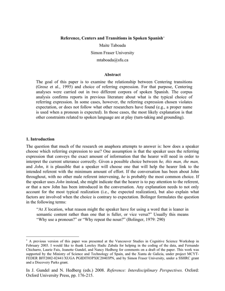 Reference, Centres and Transitions in spoken Spanish Reference, Centres and Transitions in spoken Spanish