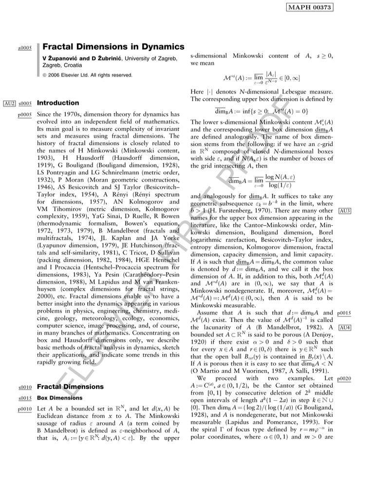 Fractal Dimensions in Dynamics Fractal Dimensions in Dynamics