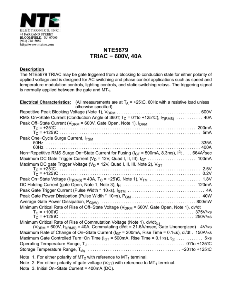 Datasheet for Triac-600vrm-40a Datasheet for Triac-600vrm-40a