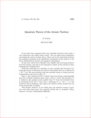 Quantum Theory of the Atomic Nucleus 1928 Quantum Theory of the Atomic Nucleus 1928