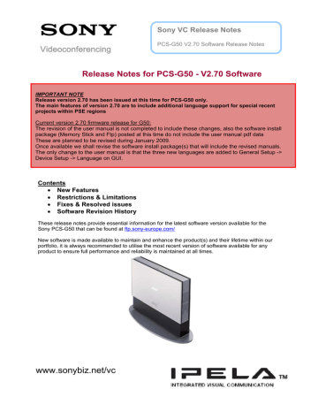 Release Notes Sony PCS-G50 v.2.7 Release Notes Sony PCS-G50 v.2.7