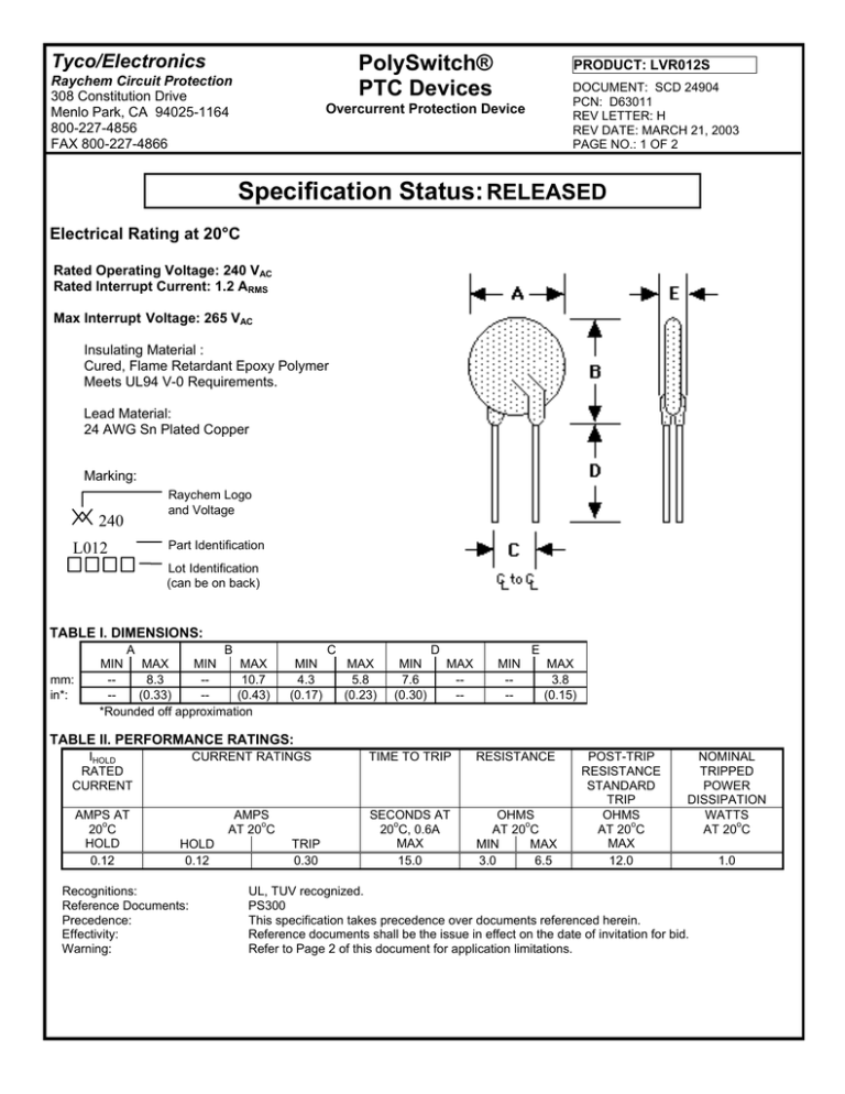 Raychem LVR012S (60-276-01) Raychem LVR012S (60-276-01)