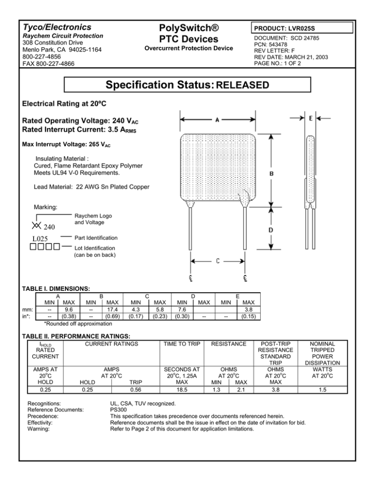 Raychem LVR025S (60-276-27) Raychem LVR025S (60-276-27)