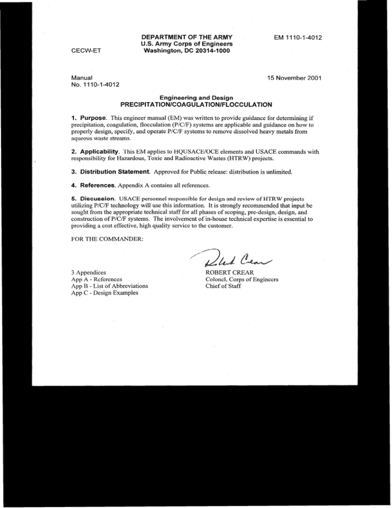 Download version 0.1 of EM 1110-1-4012 Engineering and Design Precipitation Coagulation Flocculation.pdf Download version 0.1 of EM 1110-1-4012 Engineering and Design Precipitation Coagulation Flocculation.pdf