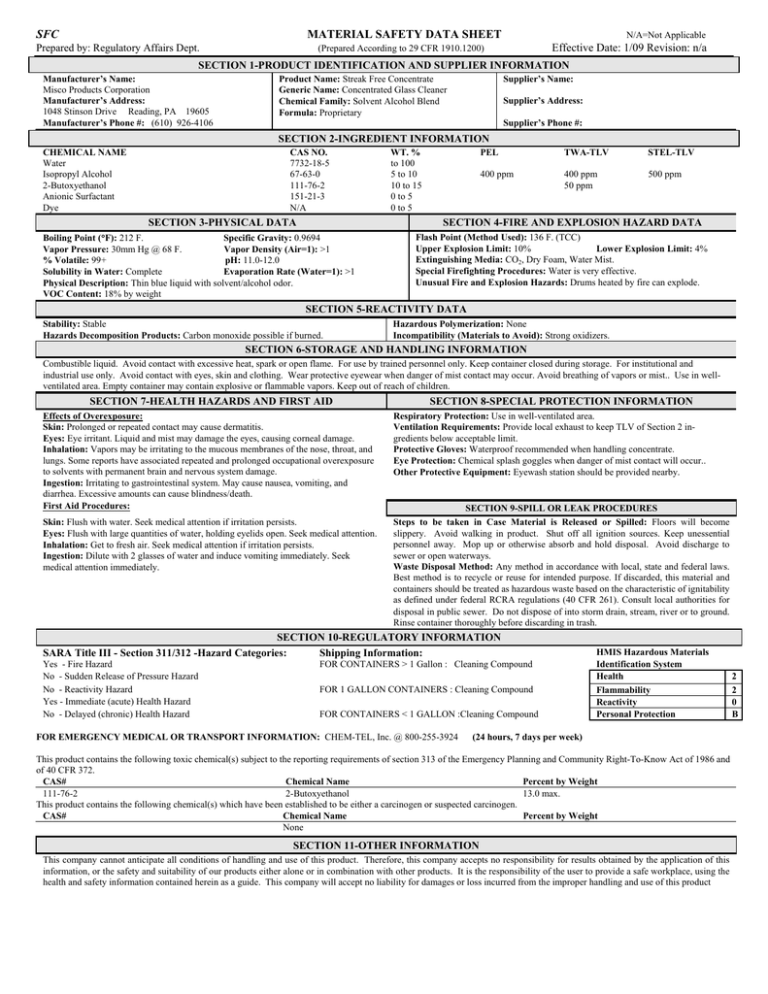 SFC MATERIAL SAFETY DATA SHEET Effective Date: 1/09 Revision: n/a SFC MATERIAL SAFETY DATA SHEET Effective Date: 1/09 Revision: n/a