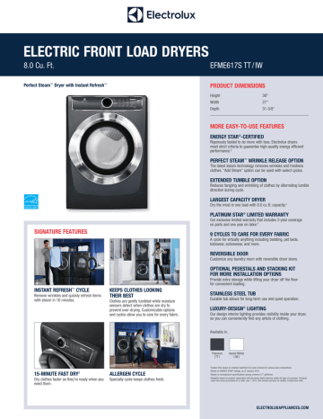 ELECTRIC FRONT LOAD DRYERS EFME617S TT / IW 8.0 Cu. Ft. PRODUCT DIMENSIONS ELECTRIC FRONT LOAD DRYERS EFME617S TT / IW 8.0 Cu. Ft. PRODUCT DIMENSIONS