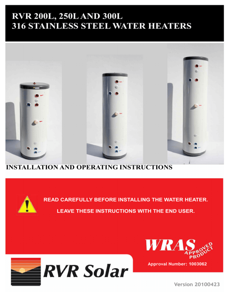 Click here to download RVR Solar Tank Installation instructions - pdf 1MB Click here to download RVR Solar Tank Installation instructions - pdf 1MB