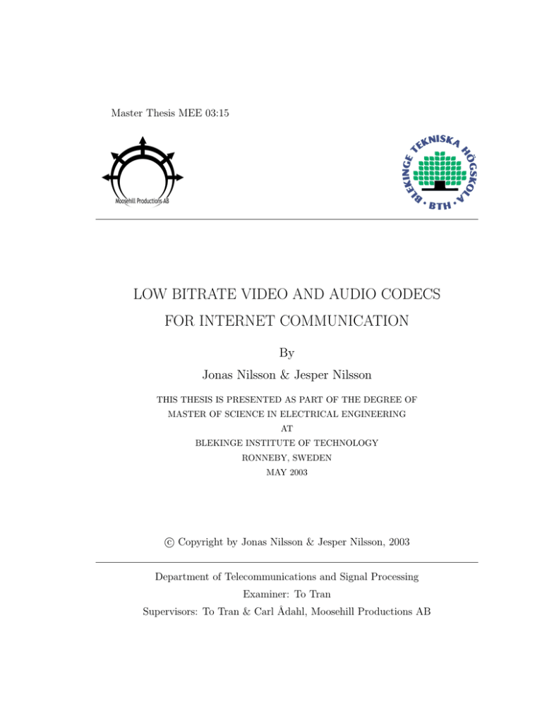 LOW BITRATE VIDEO AND AUDIO CODECS FOR INTERNET COMMUNICATION By LOW BITRATE VIDEO AND AUDIO CODECS FOR INTERNET COMMUNICATION By