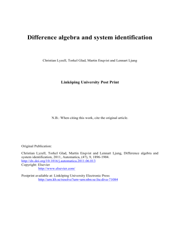 Difference algebra and system identification Linköping University Post Print Difference algebra and system identification Linköping University Post Print