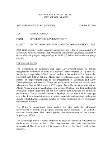 ANCHORAGE SCHOOL DISTRICT ANCHORAGE, ALASKA ASD MEMORANDUM #72 (2009-2010) ANCHORAGE SCHOOL DISTRICT ANCHORAGE, ALASKA ASD MEMORANDUM #72 (2009-2010)