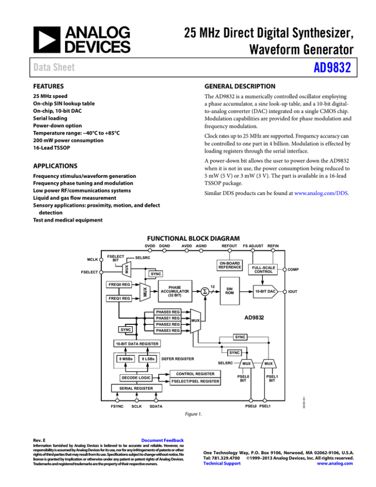 25 MHz Direct Digital Synthesizer, Waveform Generator AD9832 Data Sheet 25 MHz Direct Digital Synthesizer, Waveform Generator AD9832 Data Sheet