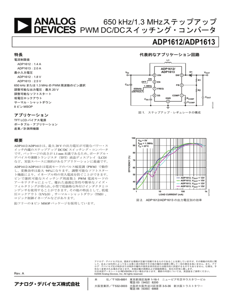 ADP1612/ADP1613 650 kHz/1.3 MHzステップアップ PWM DC/DCスイッチング・コンバータ ADP1612/ADP1613 650 kHz/1.3 MHzステップアップ PWM DC/DCスイッチング・コンバータ