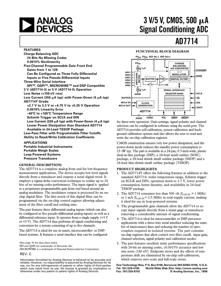 a 3 V/5 V, CMOS, 500 Signal Conditioning ADC AD7714 a 3 V/5 V, CMOS, 500 Signal Conditioning ADC AD7714
