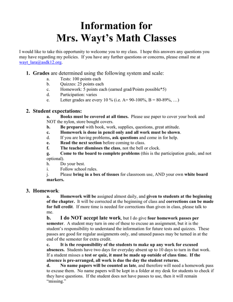 Information for Mrs. Wayt’s Math Classes Information for Mrs. Wayt’s Math Classes