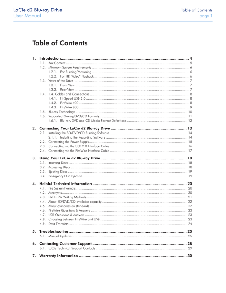 Table of Contents LaCie d2 Blu-ray Drive User Manual page 1 Table of Contents LaCie d2 Blu-ray Drive User Manual page 1