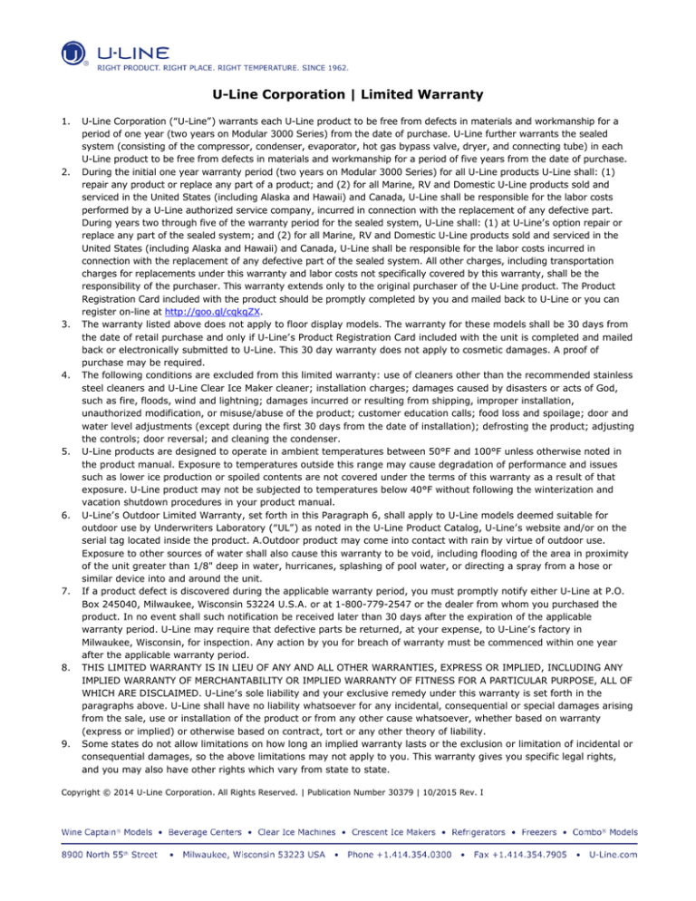 U-Line Corporation | Limited Warranty U-Line Corporation | Limited Warranty
