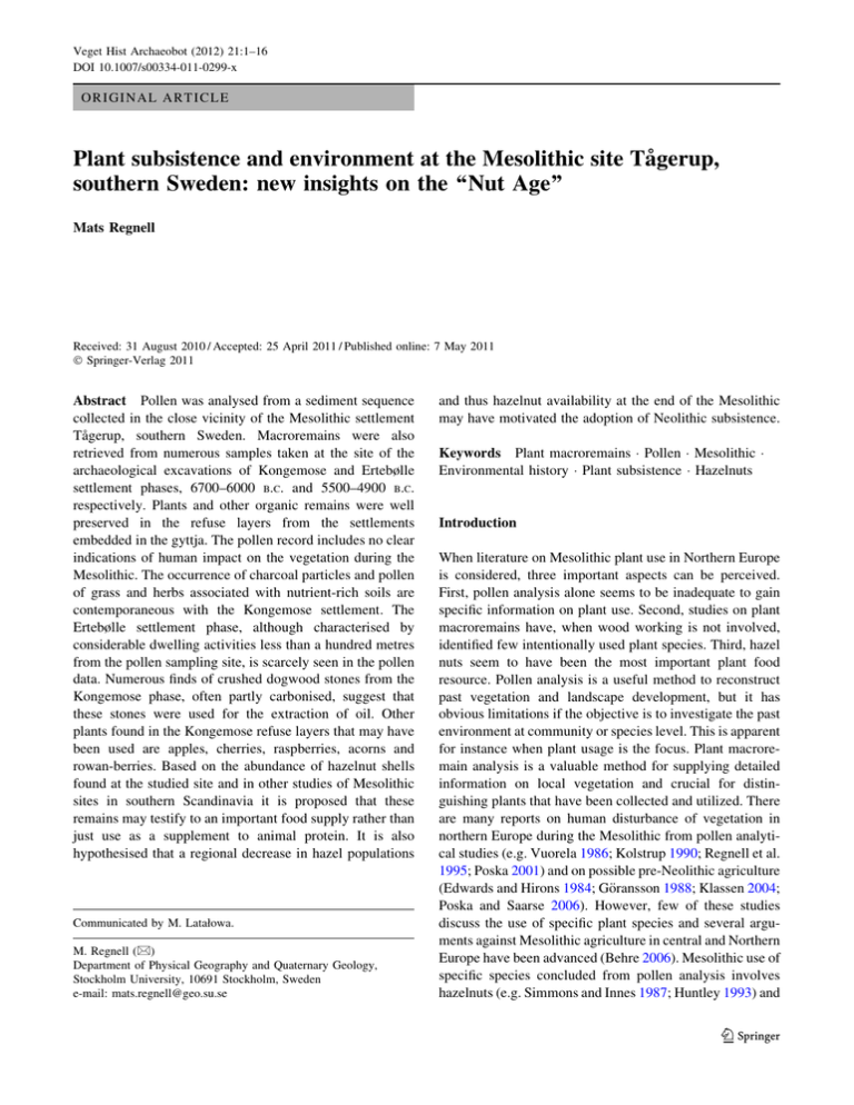 Plant subsistence and environment at the Mesolithic site Ta˚gerup, Plant subsistence and environment at the Mesolithic site Ta˚gerup,