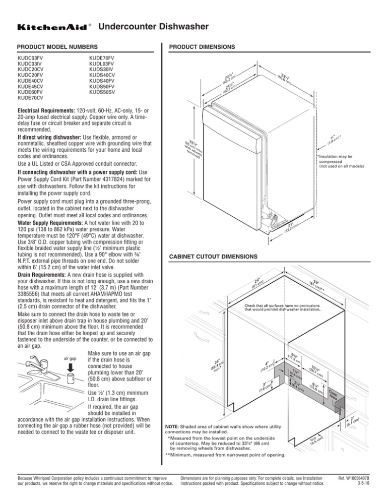 Undercounter Dishwasher PRODUCT DIMENSIONS PRODUCT MODEL NUMBERS Undercounter Dishwasher PRODUCT DIMENSIONS PRODUCT MODEL NUMBERS