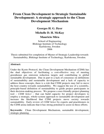 From Clean Development to Strategic Sustainable Development Mechanism From Clean Development to Strategic Sustainable Development Mechanism