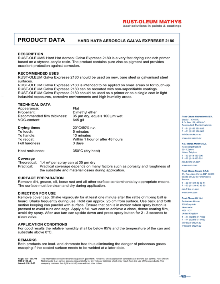 PRODUCT DATA HARD HAT® AEROSOLS GALVA EXPRESSE 2180 PRODUCT DATA HARD HAT® AEROSOLS GALVA EXPRESSE 2180
