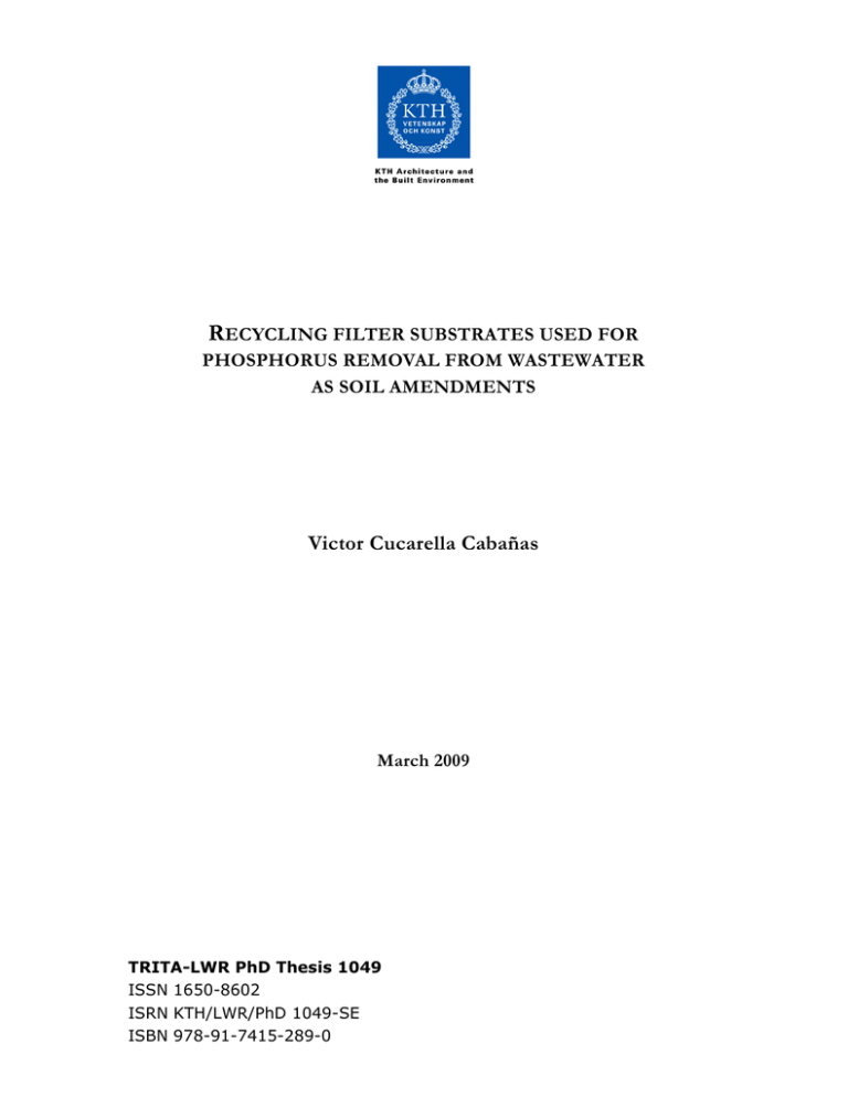 R Victor Cucarella Cabañas ECYCLING FILTER SUBSTRATES USED FOR R Victor Cucarella Cabañas ECYCLING FILTER SUBSTRATES USED FOR