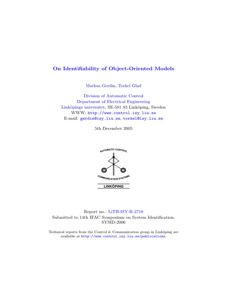 On Identifiability of Object-Oriented Models On Identifiability of Object-Oriented Models