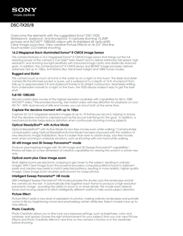 View the Sony Cyber-shot DSC-TX20 camera product sheet View the Sony Cyber-shot DSC-TX20 camera product sheet