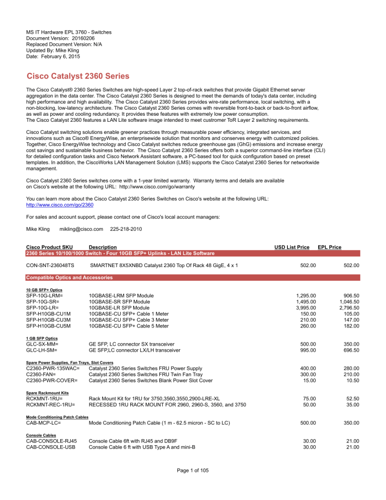 MS IT Hardware EPL 3760 - Switches Document Version: 20160206 MS IT Hardware EPL 3760 - Switches Document Version: 20160206