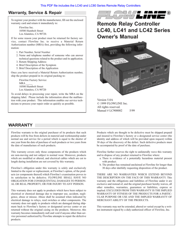 ® Remote Relay Controller Warranty, Service & Repair ® Remote Relay Controller Warranty, Service & Repair