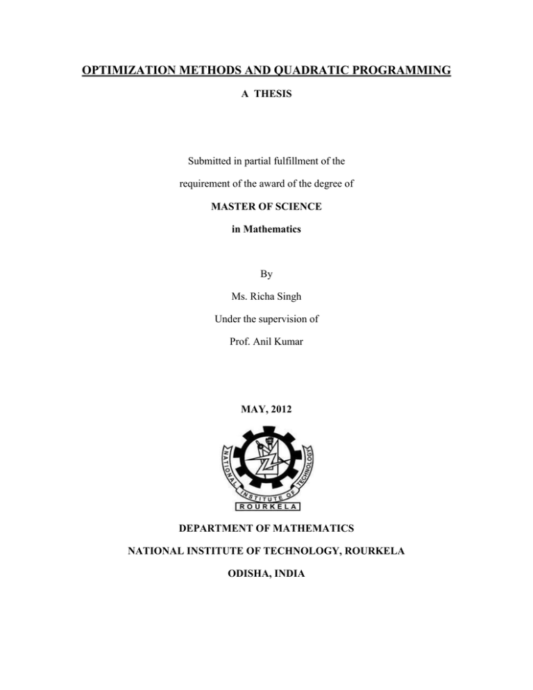 OPTIMIZATION METHODS AND QUADRATIC PROGRAMMING OPTIMIZATION METHODS AND QUADRATIC PROGRAMMING
