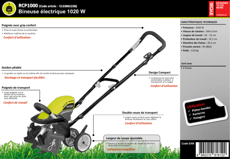 RCP1000 Bineuse électrique 1020 W (Code article : 5133001238) RCP1000 Bineuse électrique 1020 W (Code article : 5133001238)