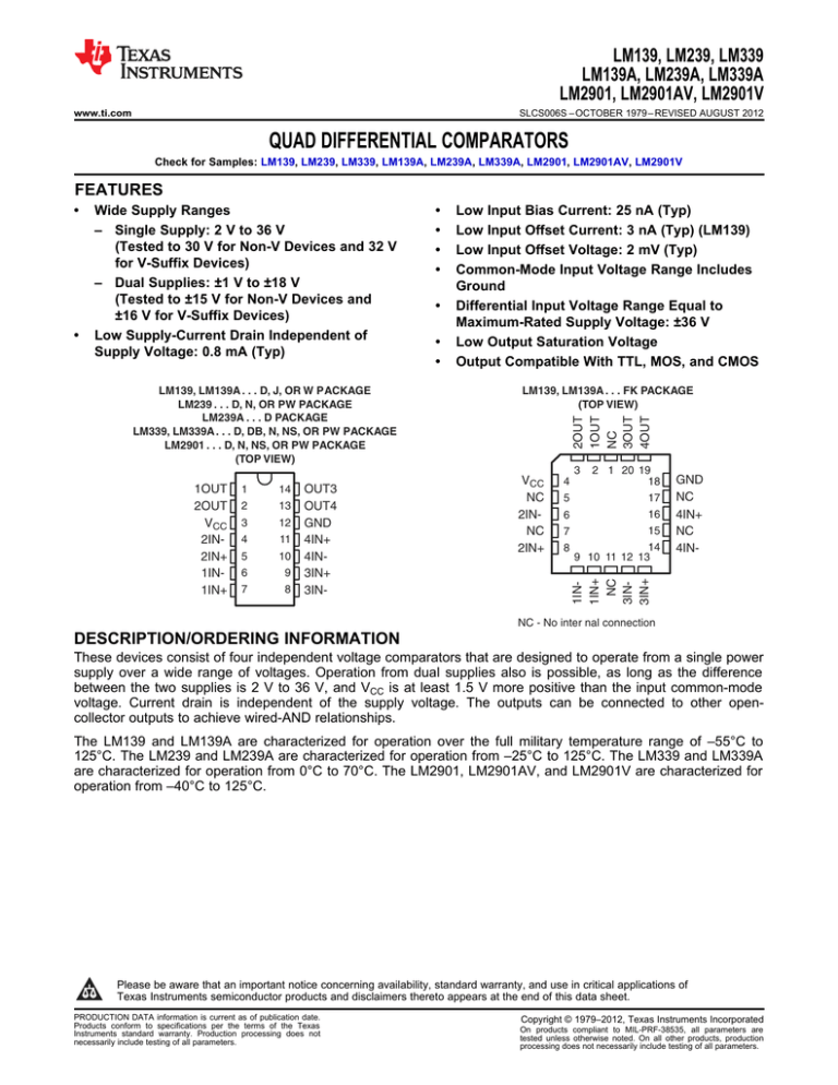 QUAD DIFFERENTIAL COMPARATORS LM139, LM139A, LM2901, QUAD DIFFERENTIAL COMPARATORS LM139, LM139A, LM2901,