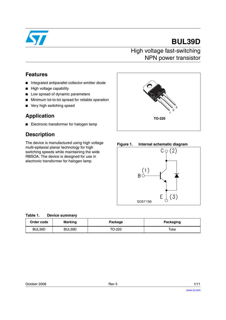 BUL39D High Voltage Fast Switching NPN Power Transistor Features Manualzz