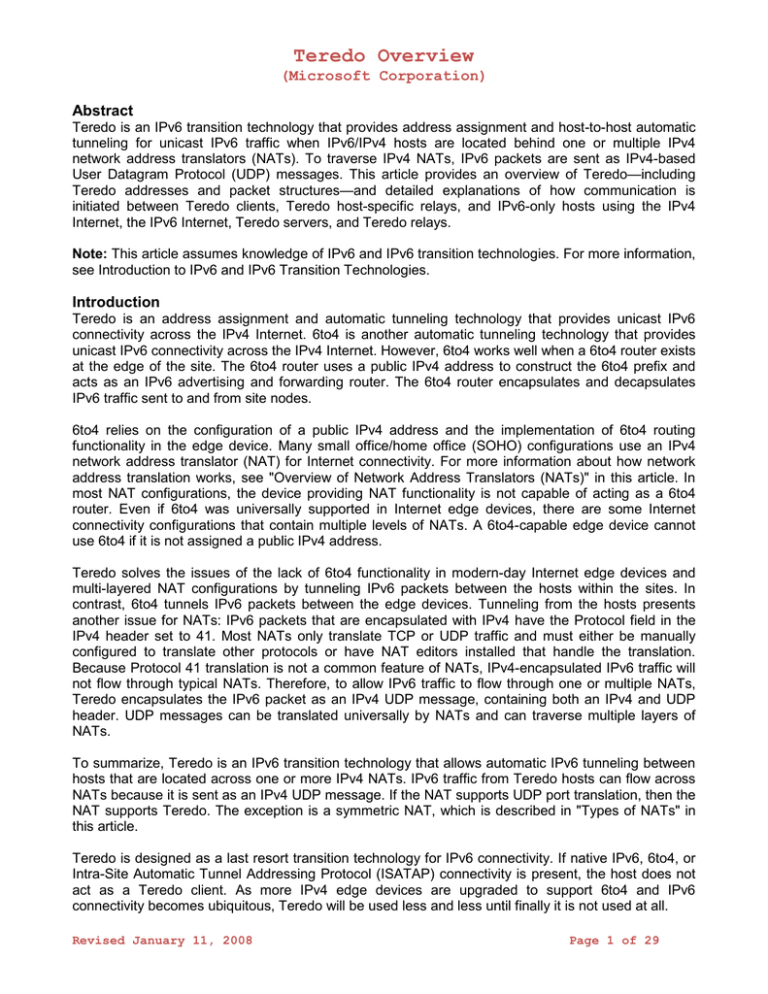 Teredo Overview (Microsoft Corporation) Abstract Teredo Overview (Microsoft Corporation) Abstract