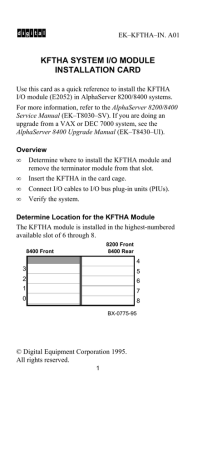 KFTHA SYSTEM I/O MODULE INSTALLATION CARD KFTHA SYSTEM I/O MODULE INSTALLATION CARD