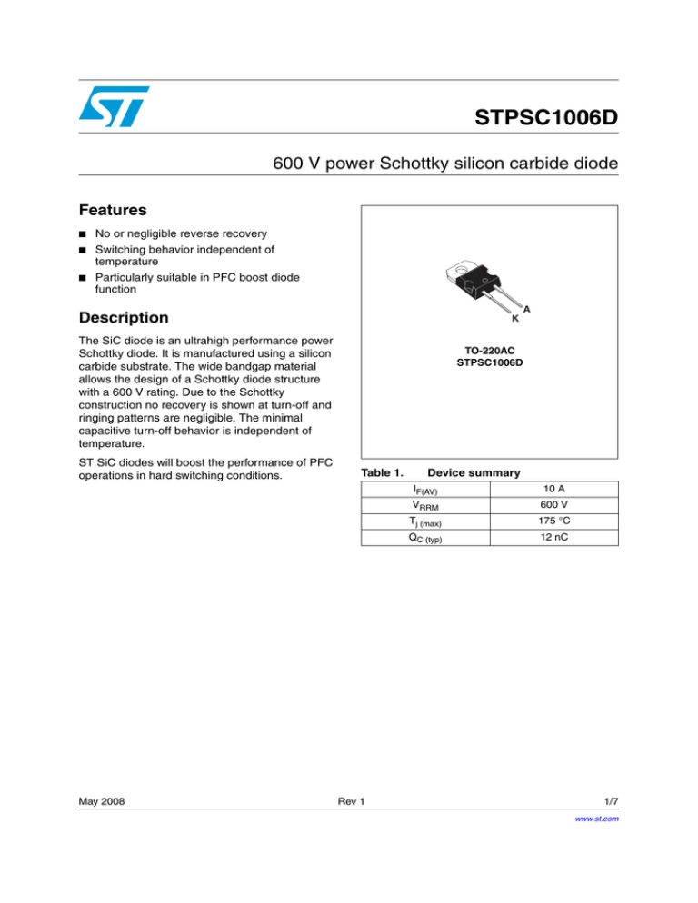 STPSC1006D 600 V power Schottky silicon carbide diode Features STPSC1006D 600 V power Schottky silicon carbide diode Features