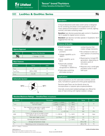 Teccor brand Thyristors Lxx04xx & Qxx04xx Series 4 Amp Sensitive & Standard Triacs Teccor brand Thyristors Lxx04xx & Qxx04xx Series 4 Amp Sensitive & Standard Triacs