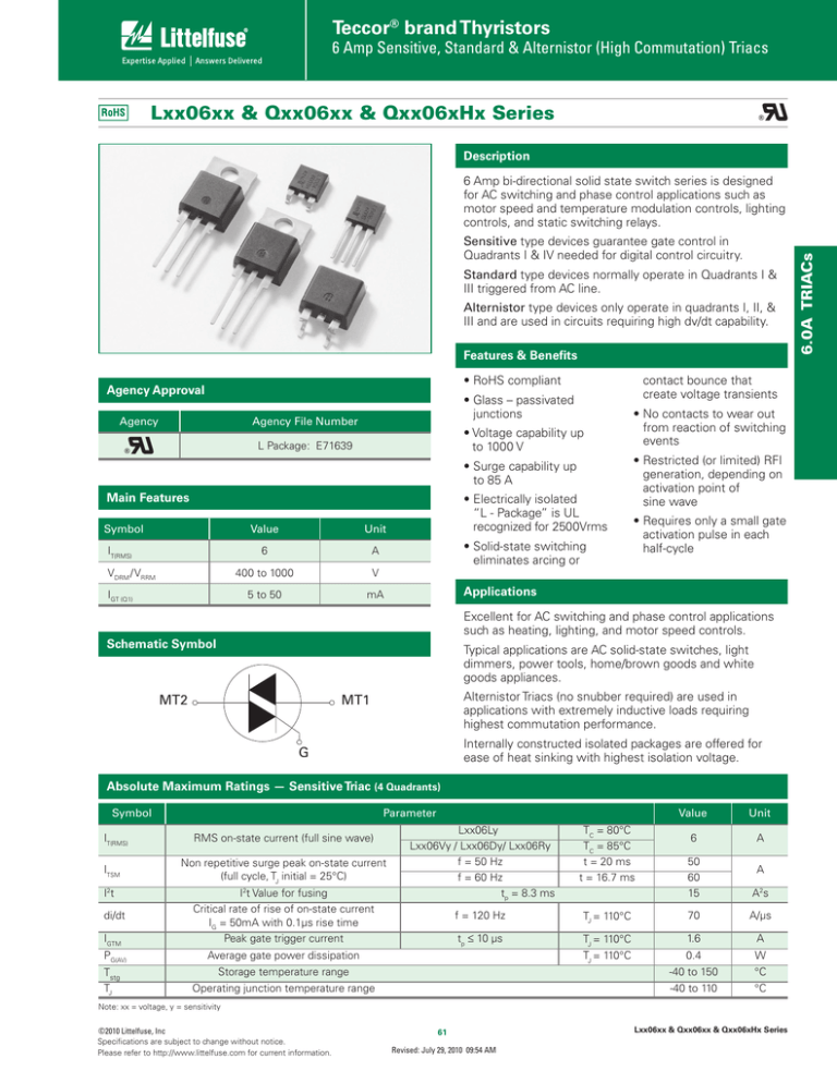 Teccor brand Thyristors Lxx06xx & Qxx06xx & Qxx06xHx Series Teccor brand Thyristors Lxx06xx & Qxx06xx & Qxx06xHx Series