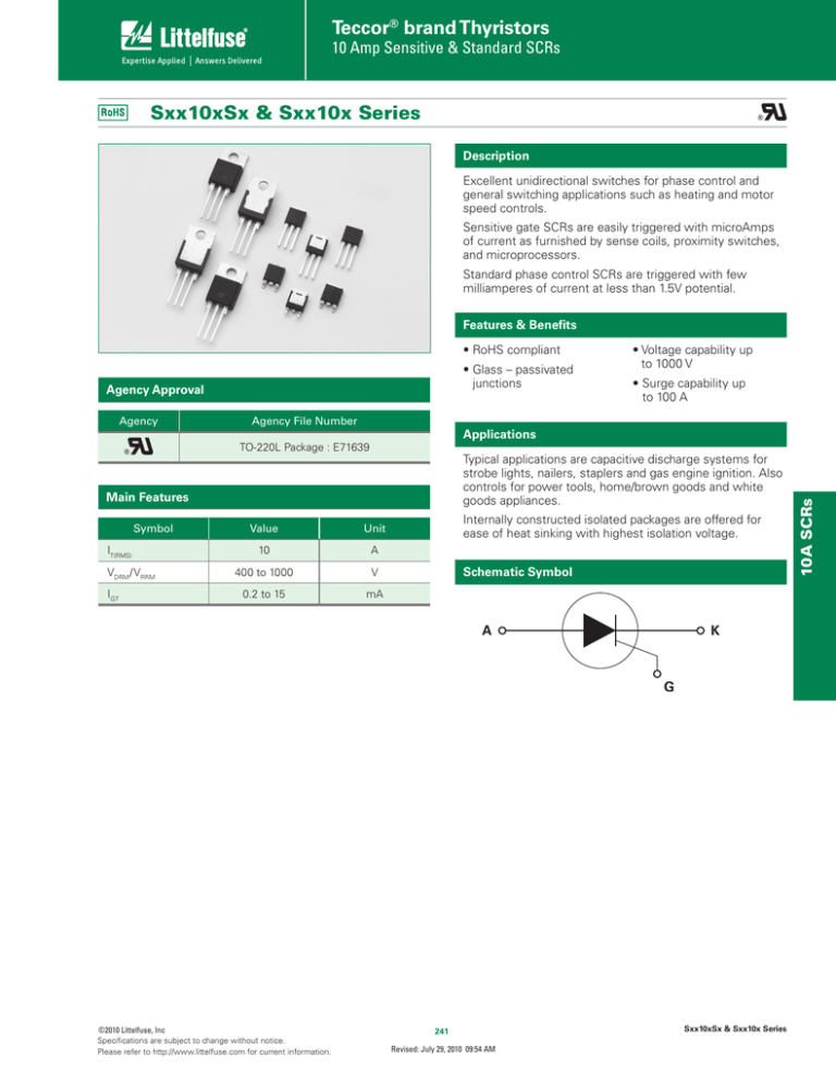 Teccor brand Thyristors Sxx10xSx & Sxx10x Series 10 Amp Sensitive & Standard SCRs Teccor brand Thyristors Sxx10xSx & Sxx10x Series 10 Amp Sensitive & Standard SCRs