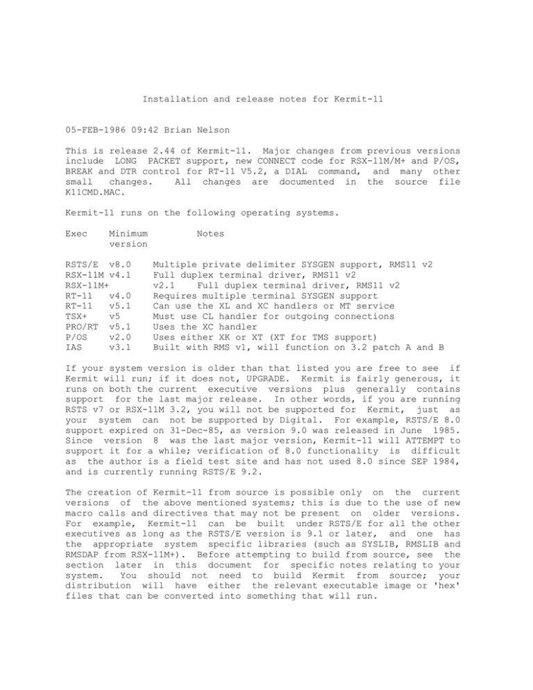 Installation and release notes for Kermit-11 05-FEB-1986 09:42 Brian Nelson Installation and release notes for Kermit-11 05-FEB-1986 09:42 Brian Nelson