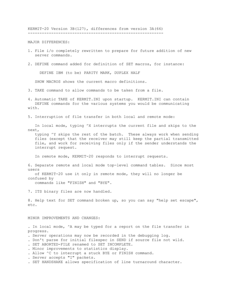 KERMIT-20 Version 3B(127), differences from version 3A(66) ---------------------------------------------------------- KERMIT-20 Version 3B(127), differences from version 3A(66) ----------------------------------------------------------