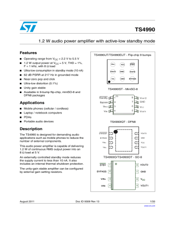 TS4990 1.2 W audio power amplifier with active-low standby mode Features TS4990 1.2 W audio power amplifier with active-low standby mode Features