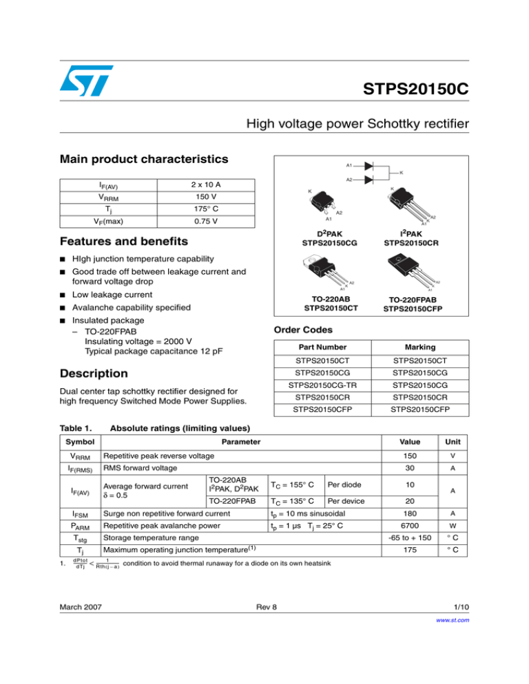 STPS20150C High voltage power Schottky rectifier Main product characteristics Features and benefits STPS20150C High voltage power Schottky rectifier Main product characteristics Features and benefits