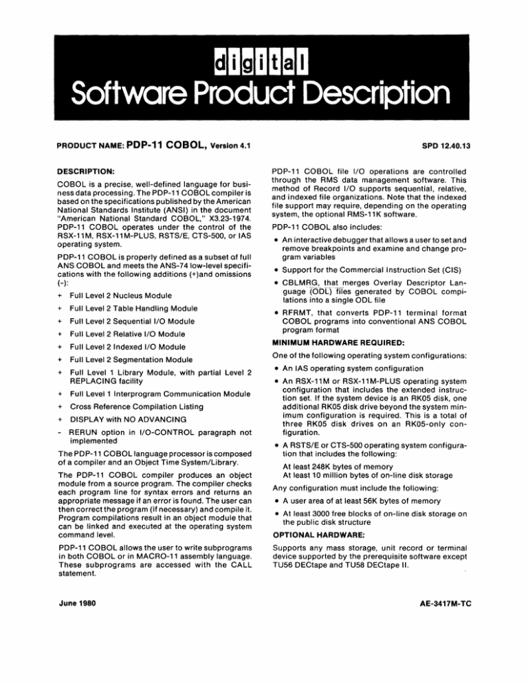 Software Product Description ~D~DDmD PDP-11 COBOL, Software Product Description ~D~DDmD PDP-11 COBOL,