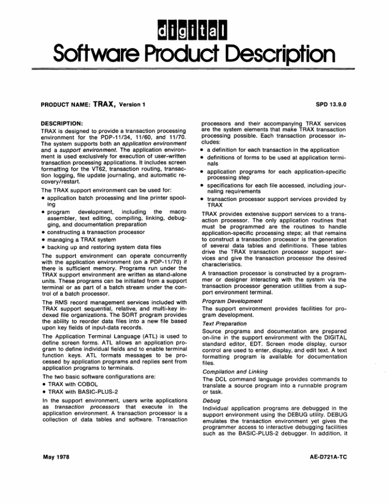 Software Product Description mD~DDmD TRAX, Software Product Description mD~DDmD TRAX,