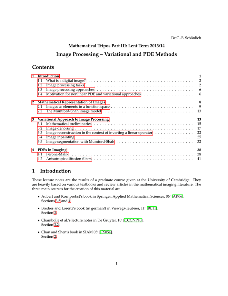 Image Processing – Variational and PDE Methods Contents Image Processing – Variational and PDE Methods Contents