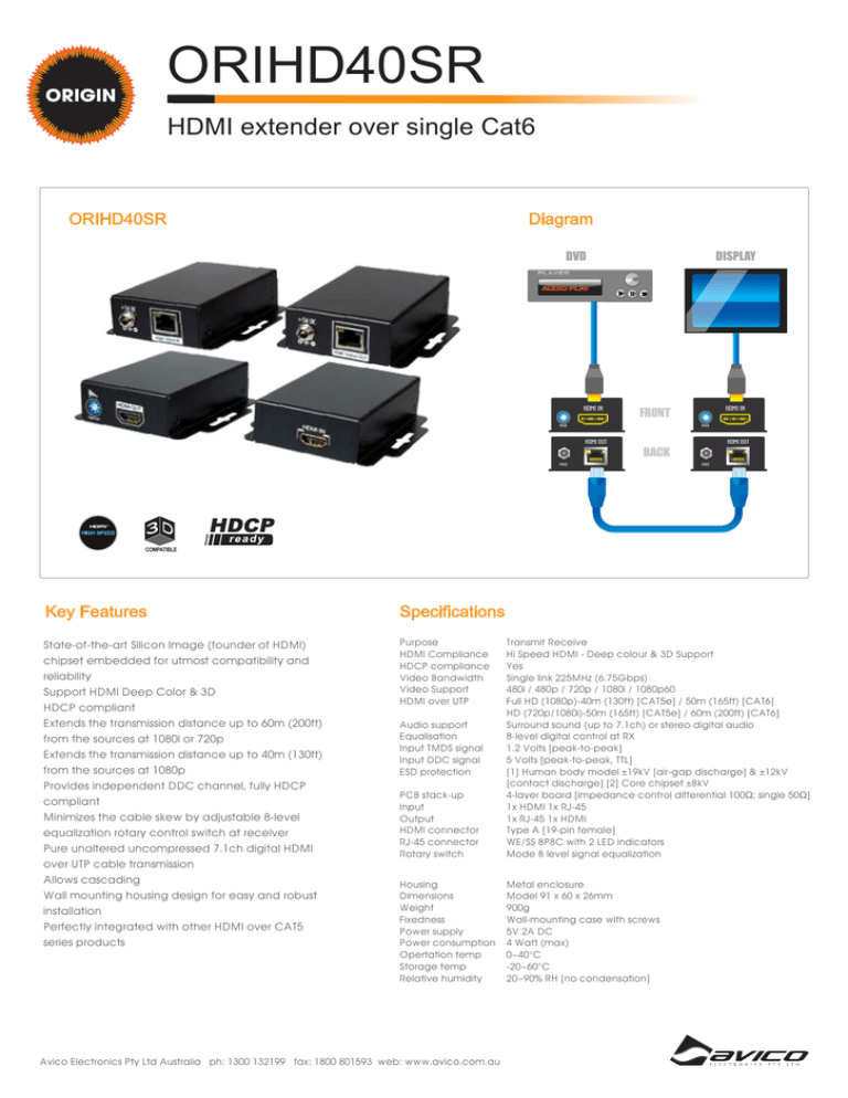ORIHD40SR HDMI extender over single Cat6 Diagram Key Features ORIHD40SR HDMI extender over single Cat6 Diagram Key Features