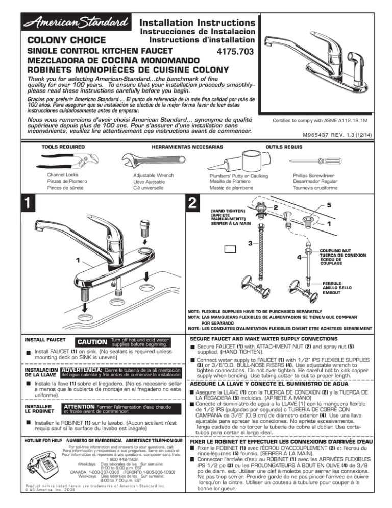 American Standard 4175703F15.075 Installation guide American Standard 4175703F15.075 Installation guide