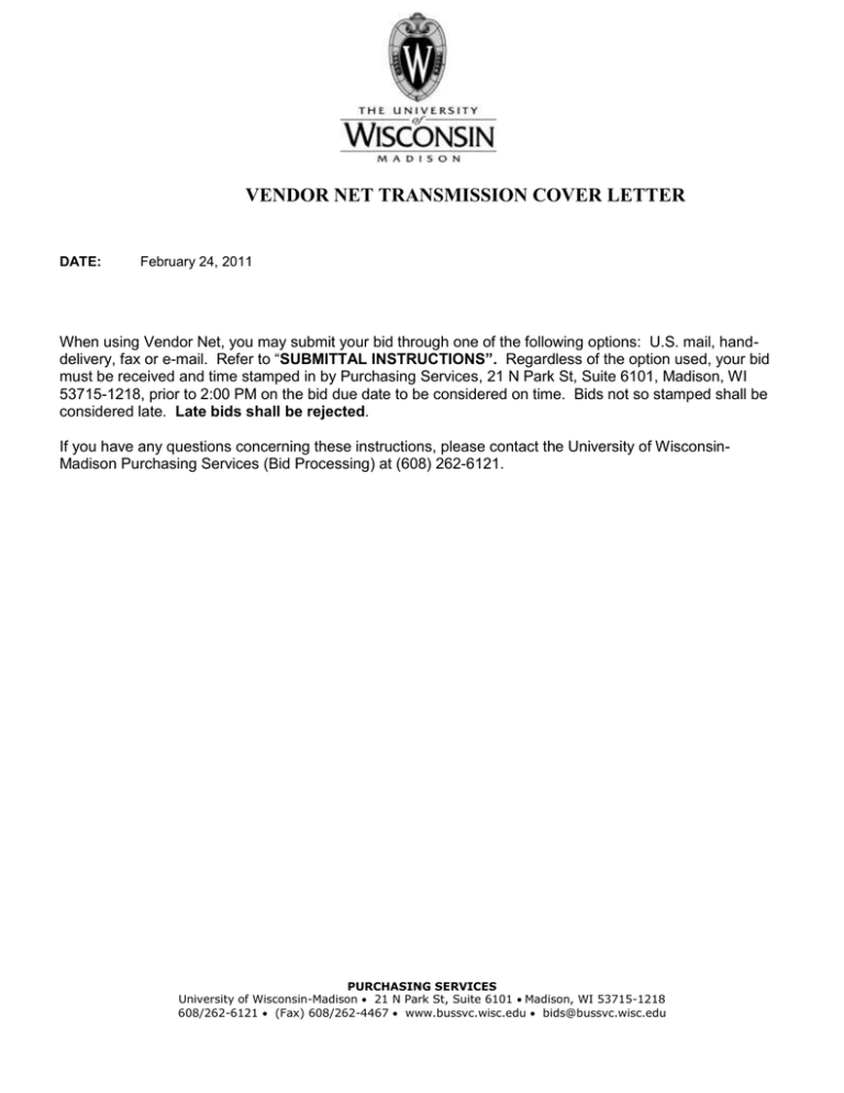 VENDOR NET TRANSMISSION COVER LETTER VENDOR NET TRANSMISSION COVER LETTER