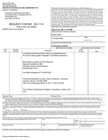 BIDS MUST BE SEALED AND ADDRESSED TO: State of Wisconsin DOA-3070 (R08/2003) BIDS MUST BE SEALED AND ADDRESSED TO: State of Wisconsin DOA-3070 (R08/2003)